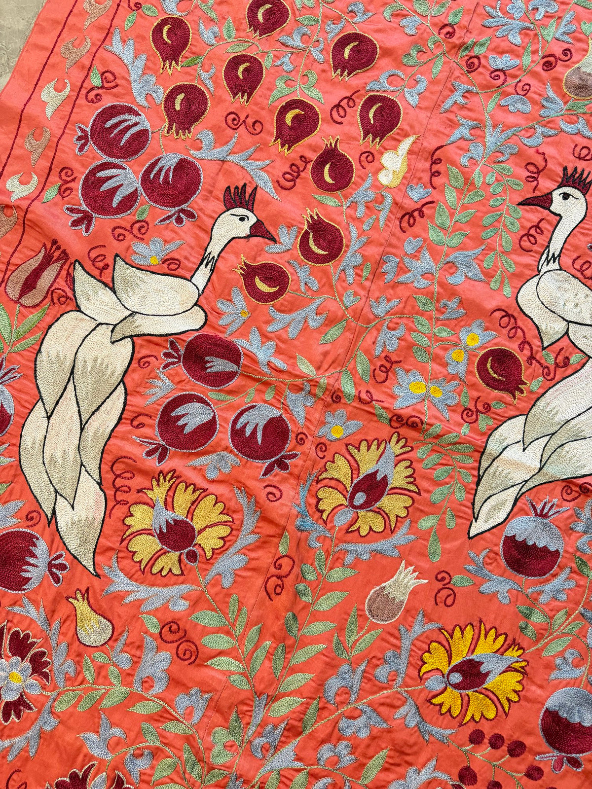 Boho Red Silk Suzani Wall Tapestry, Peacock Embroidery 3'5'' x 6'1'' - detail 7