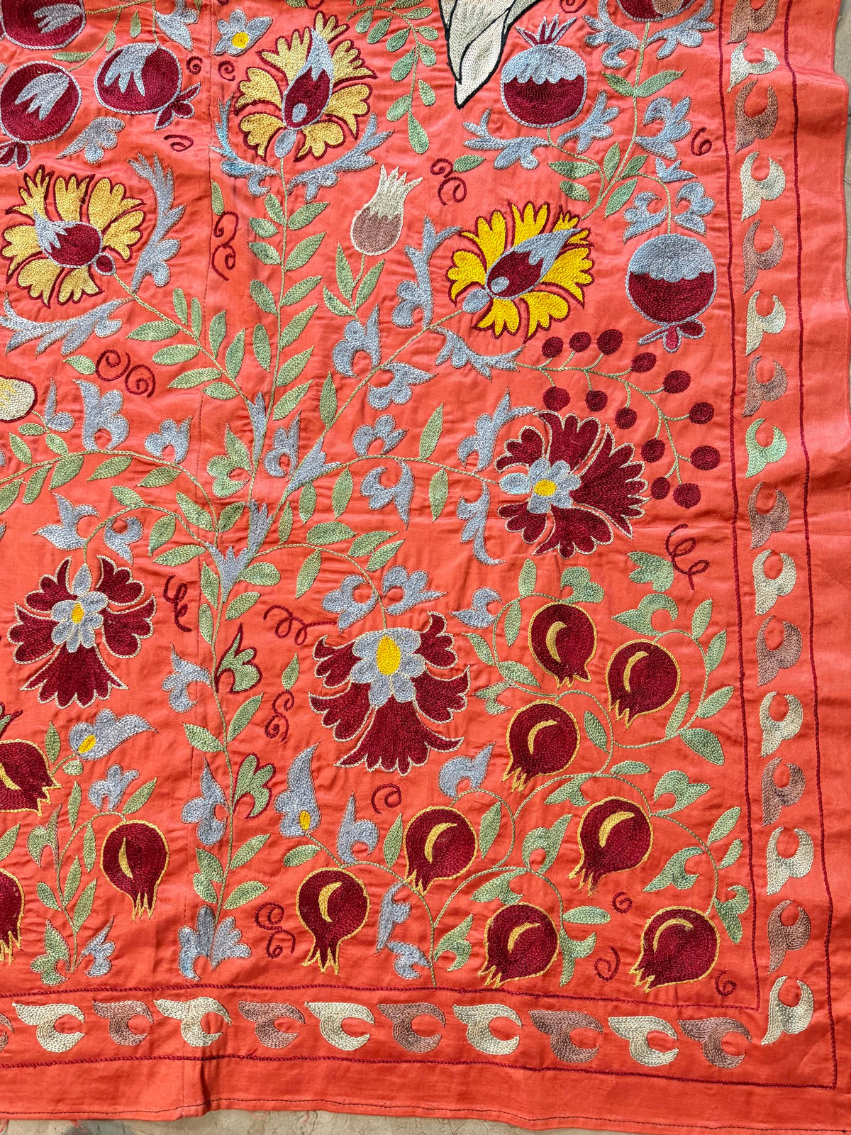 Boho Red Silk Suzani Wall Tapestry, Peacock Embroidery 3'5'' x 6'1'' - detail 8