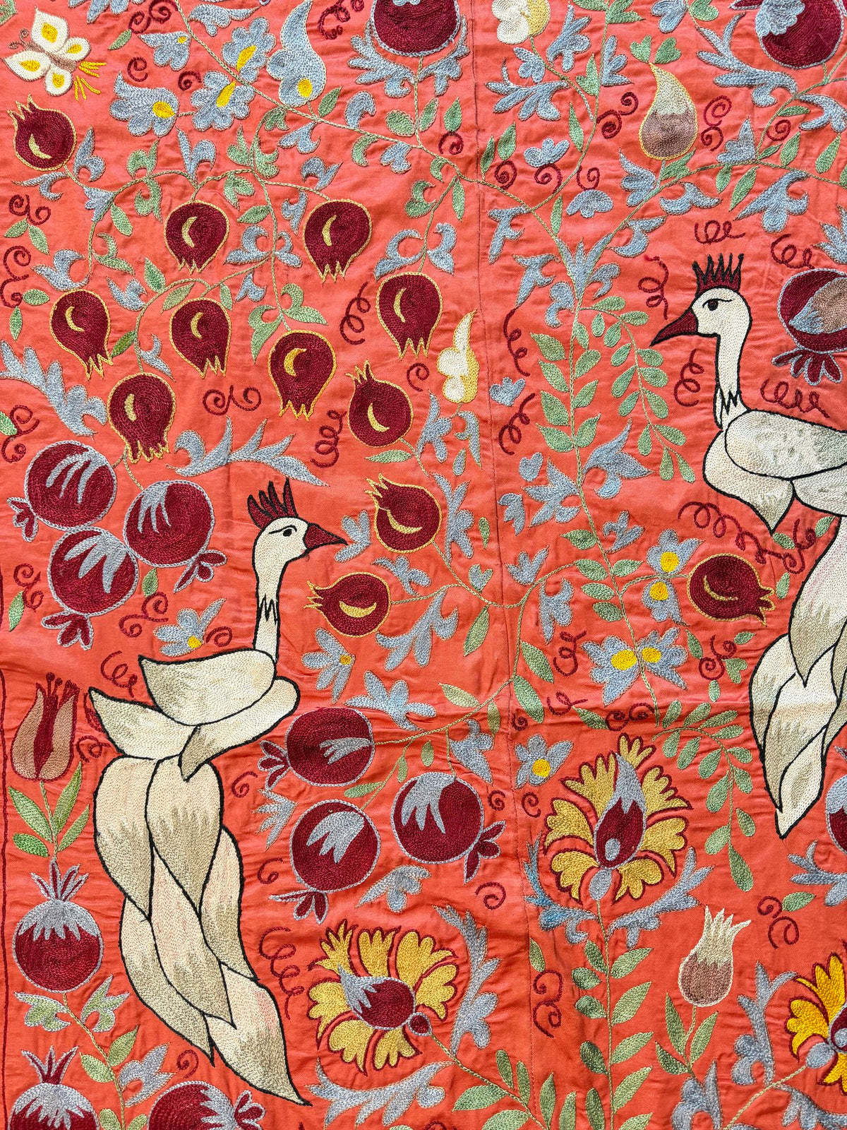 Boho Red Silk Suzani Wall Tapestry, Peacock Embroidery 3'5'' x 6'1'' - detail 9