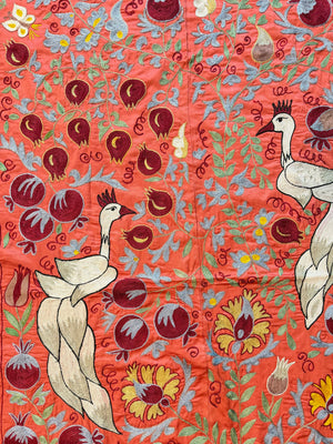 Boho Red Silk Suzani Wall Tapestry, Peacock Embroidery 3'5'' x 6'1'' - detail 9