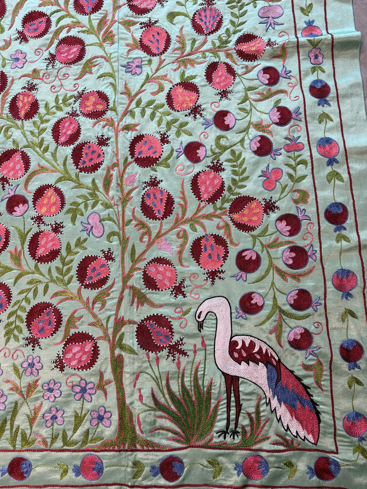Bird Silk Suzani Embroidery Wall Decor - Boho Green Bukhara Embroidery 3'5'' x 6'3'' - detail 2