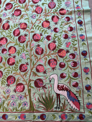 Bird Silk Suzani Embroidery Wall Decor - Boho Green Bukhara Embroidery 3'5'' x 6'3'' - detail 2