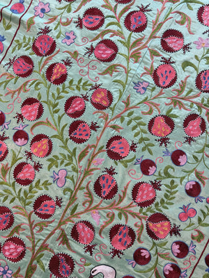 Bird Silk Suzani Embroidery Wall Decor - Boho Green Bukhara Embroidery 3'5'' x 6'3'' - detail 6