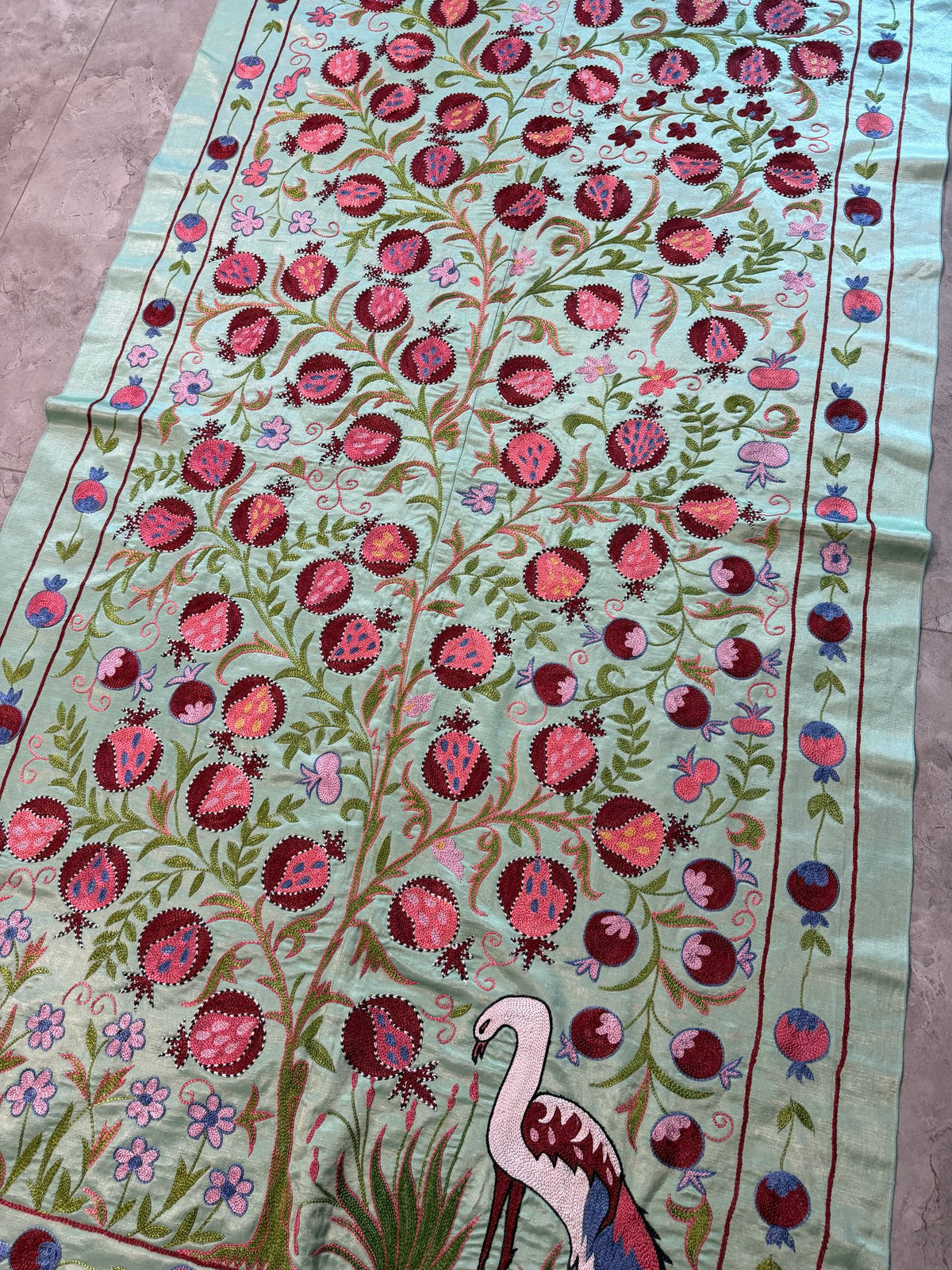 Bird Silk Suzani Embroidery Wall Decor - Boho Green Bukhara Embroidery 3'5'' x 6'3'' - detail 8