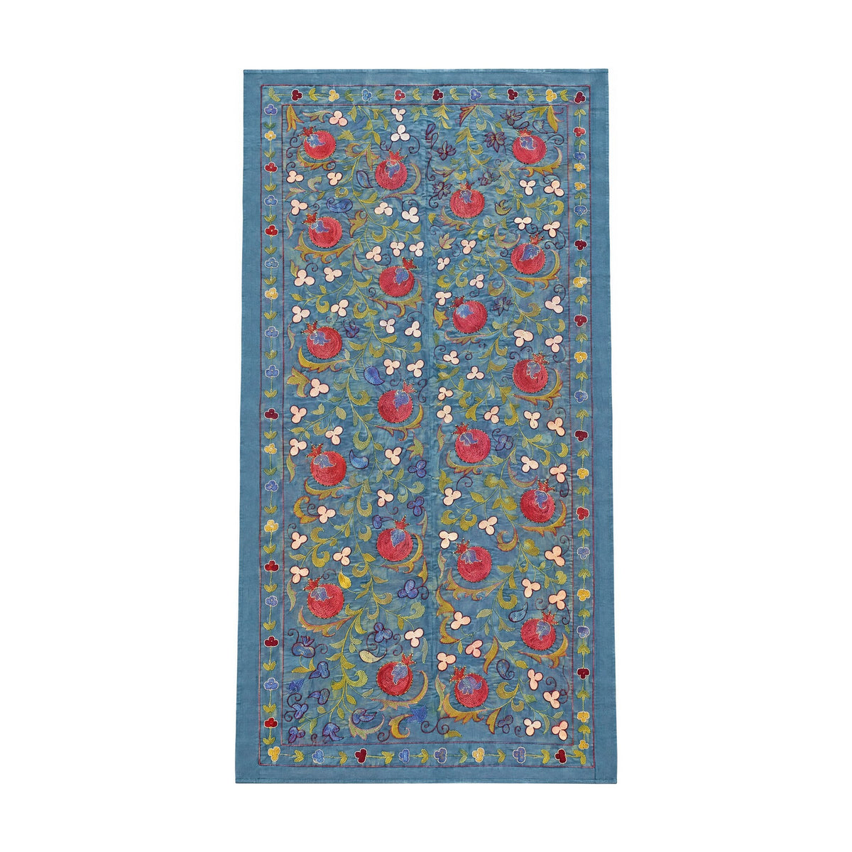 Pomegranate Silk Suzani Tribal Textile - Handmade Blue Tashkent Embroidery 3'2'' x 6'3'' - front view