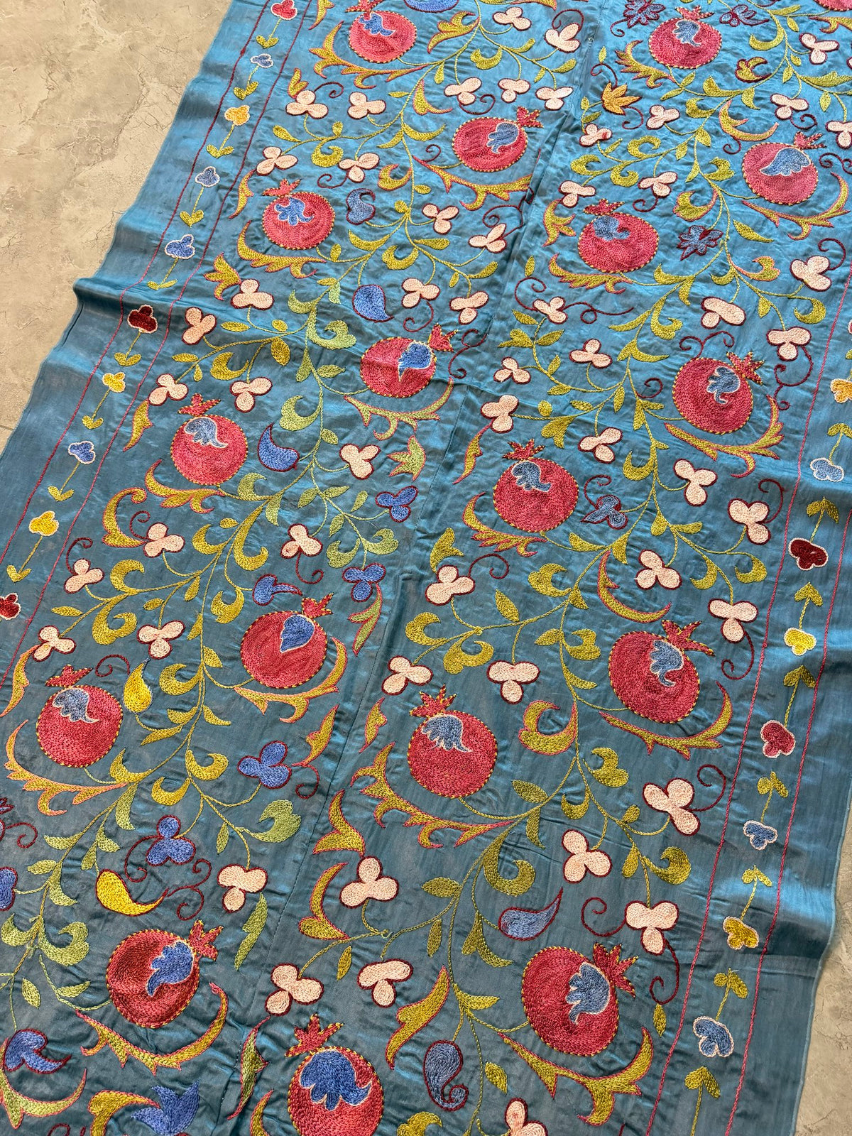 Pomegranate Silk Suzani Tribal Textile - Handmade Blue Tashkent Embroidery 3'2'' x 6'3'' - detail 2
