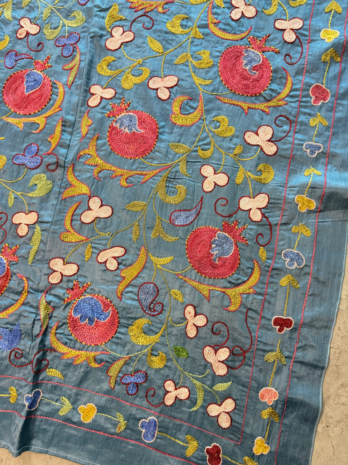 Pomegranate Silk Suzani Tribal Textile - Handmade Blue Tashkent Embroidery 3'2'' x 6'3'' - detail 3