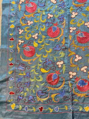 Pomegranate Silk Suzani Tribal Textile - Handmade Blue Tashkent Embroidery 3'2'' x 6'3'' - detail 4
