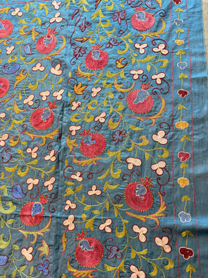 Pomegranate Silk Suzani Tribal Textile - Handmade Blue Tashkent Embroidery 3'2'' x 6'3'' - detail 5