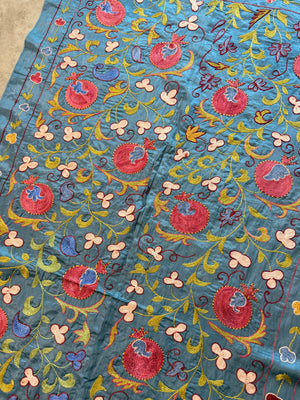 Pomegranate Silk Suzani Tribal Textile - Handmade Blue Tashkent Embroidery 3'2'' x 6'3'' - detail 6