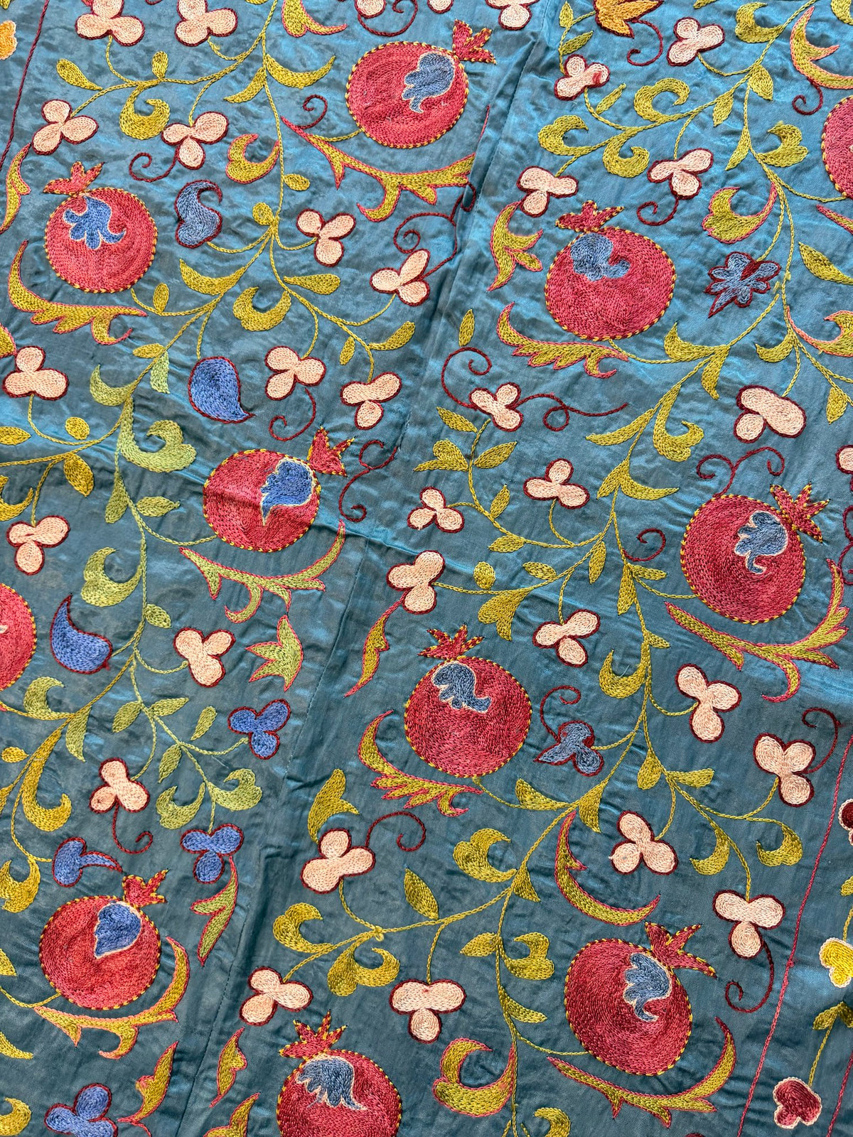 Pomegranate Silk Suzani Tribal Textile - Handmade Blue Tashkent Embroidery 3'2'' x 6'3'' - detail 7