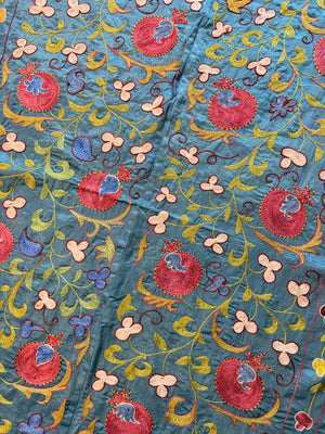 Pomegranate Silk Suzani Tribal Textile - Handmade Blue Tashkent Embroidery 3'2'' x 6'3'' - detail 7