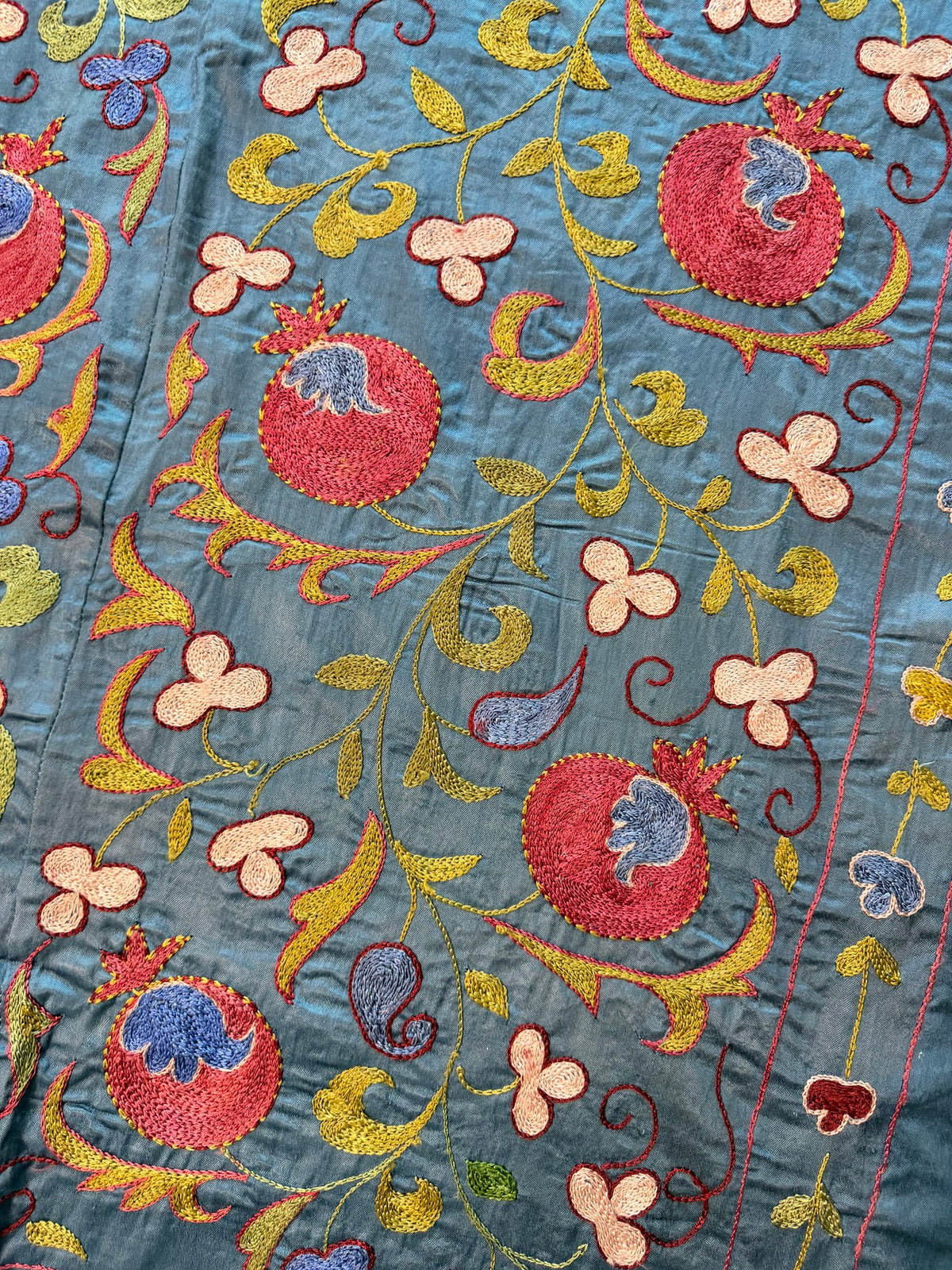 Pomegranate Silk Suzani Tribal Textile - Handmade Blue Tashkent Embroidery 3'2'' x 6'3'' - detail 8