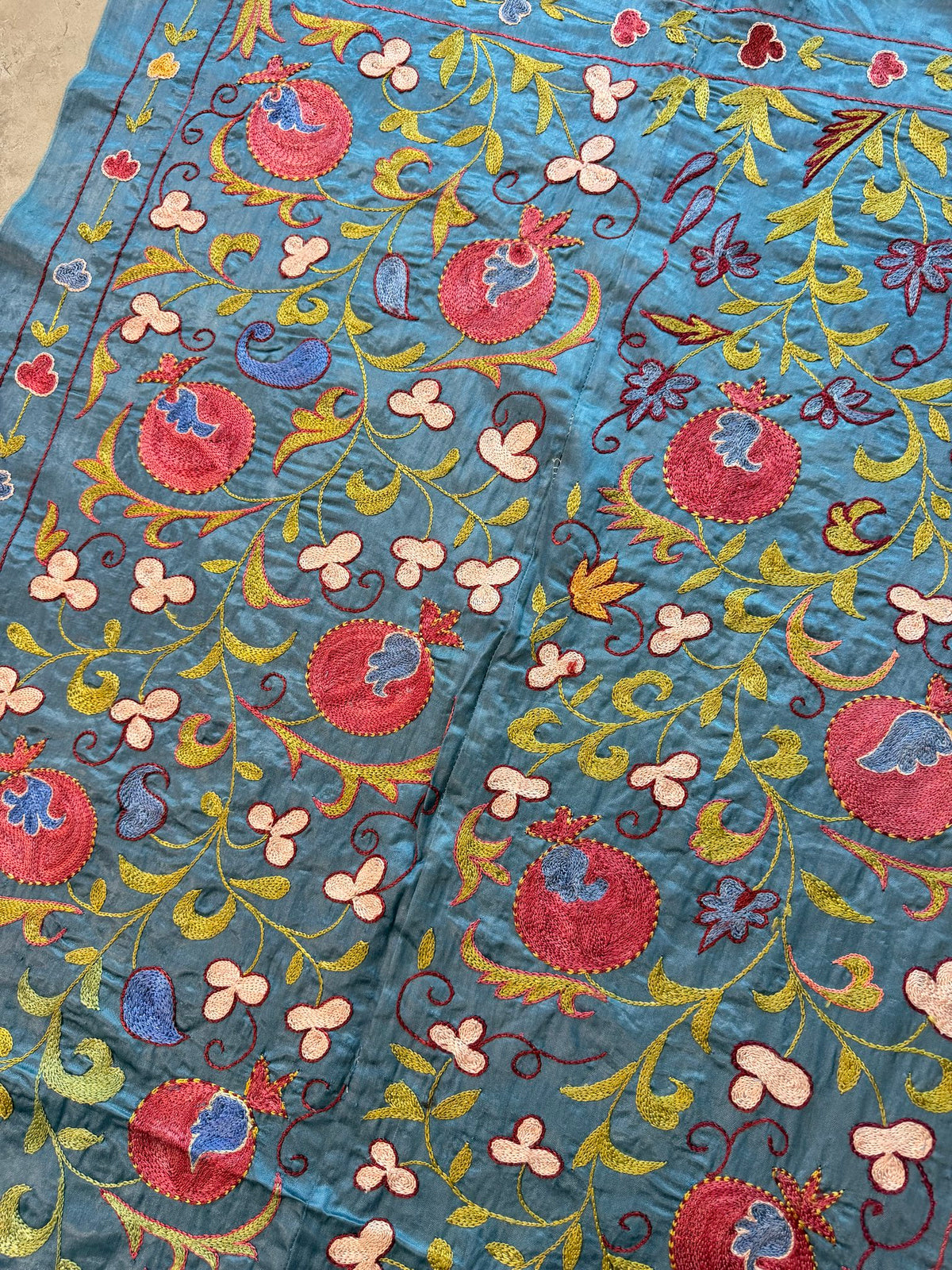 Pomegranate Silk Suzani Tribal Textile - Handmade Blue Tashkent Embroidery 3'2'' x 6'3'' - detail 9