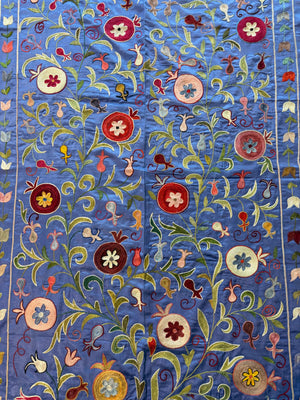 Pomegranate Motif Silk Suzani Textile Wall Art, Artisan Blue Uzbek Textile 3'4'' x 6'4'' - detail 2