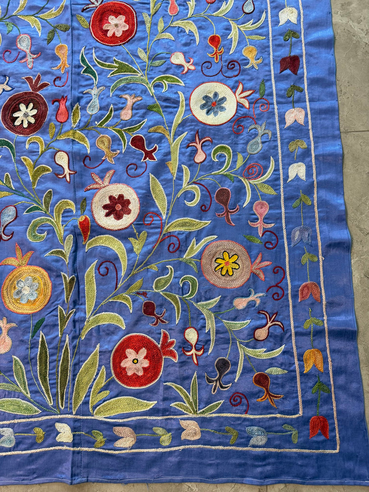 Pomegranate Motif Silk Suzani Textile Wall Art, Artisan Blue Uzbek Textile 3'4'' x 6'4'' - detail 3