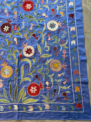 Pomegranate Motif Silk Suzani Textile Wall Art, Artisan Blue Uzbek Textile 3'4'' x 6'4'' - detail 3