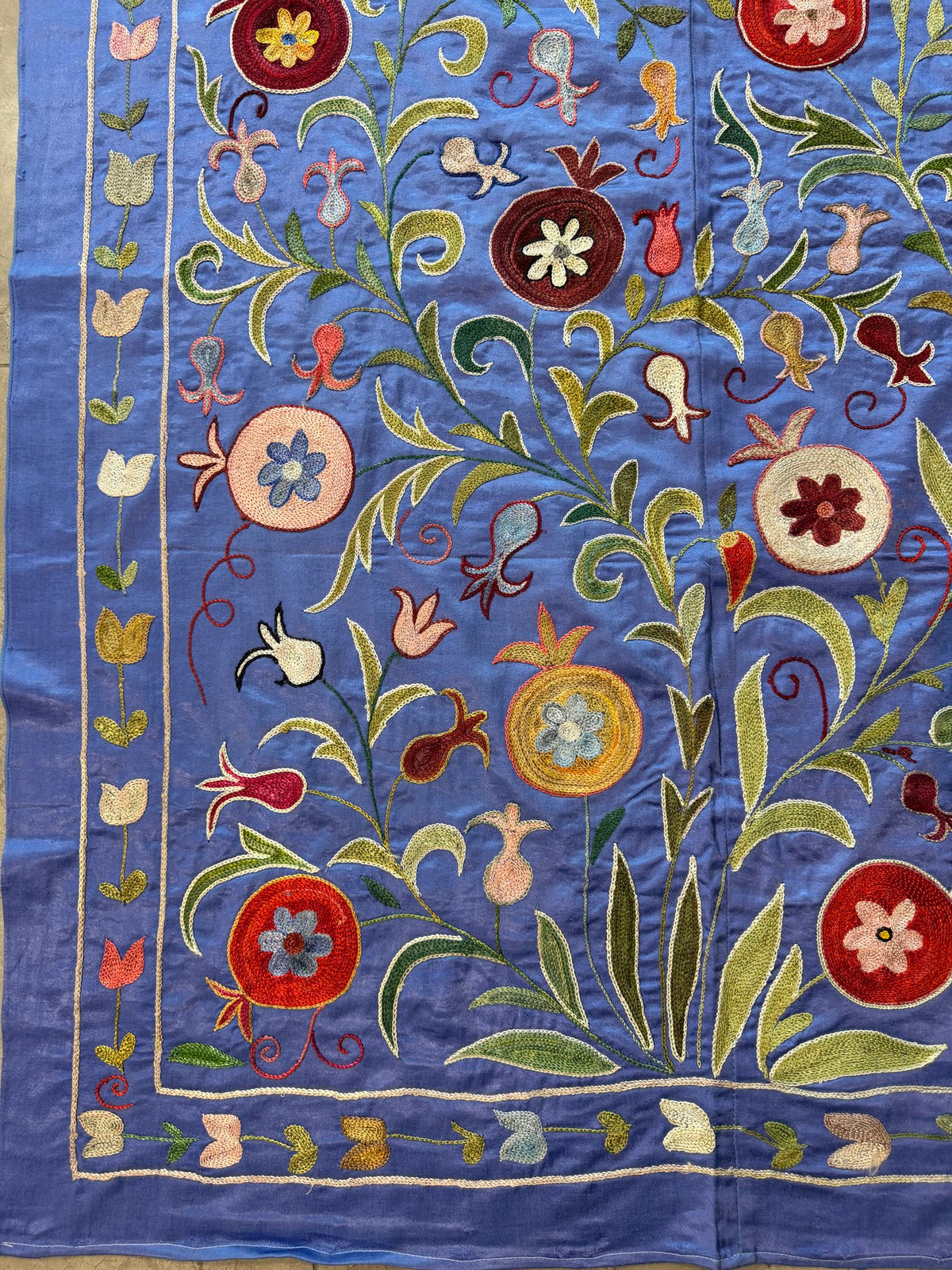 Pomegranate Motif Silk Suzani Textile Wall Art, Artisan Blue Uzbek Textile 3'4'' x 6'4'' - detail 4