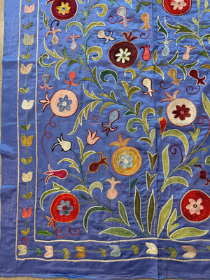 Pomegranate Motif Silk Suzani Textile Wall Art, Artisan Blue Uzbek Textile 3'4'' x 6'4'' - detail 4