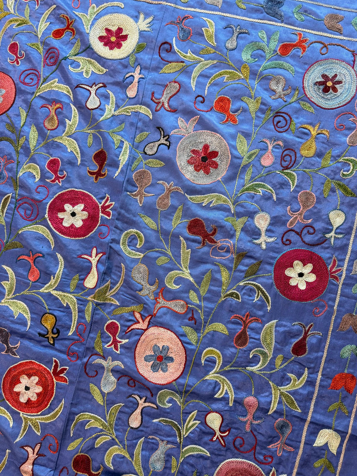 Pomegranate Motif Silk Suzani Textile Wall Art, Artisan Blue Uzbek Textile 3'4'' x 6'4'' - detail 5