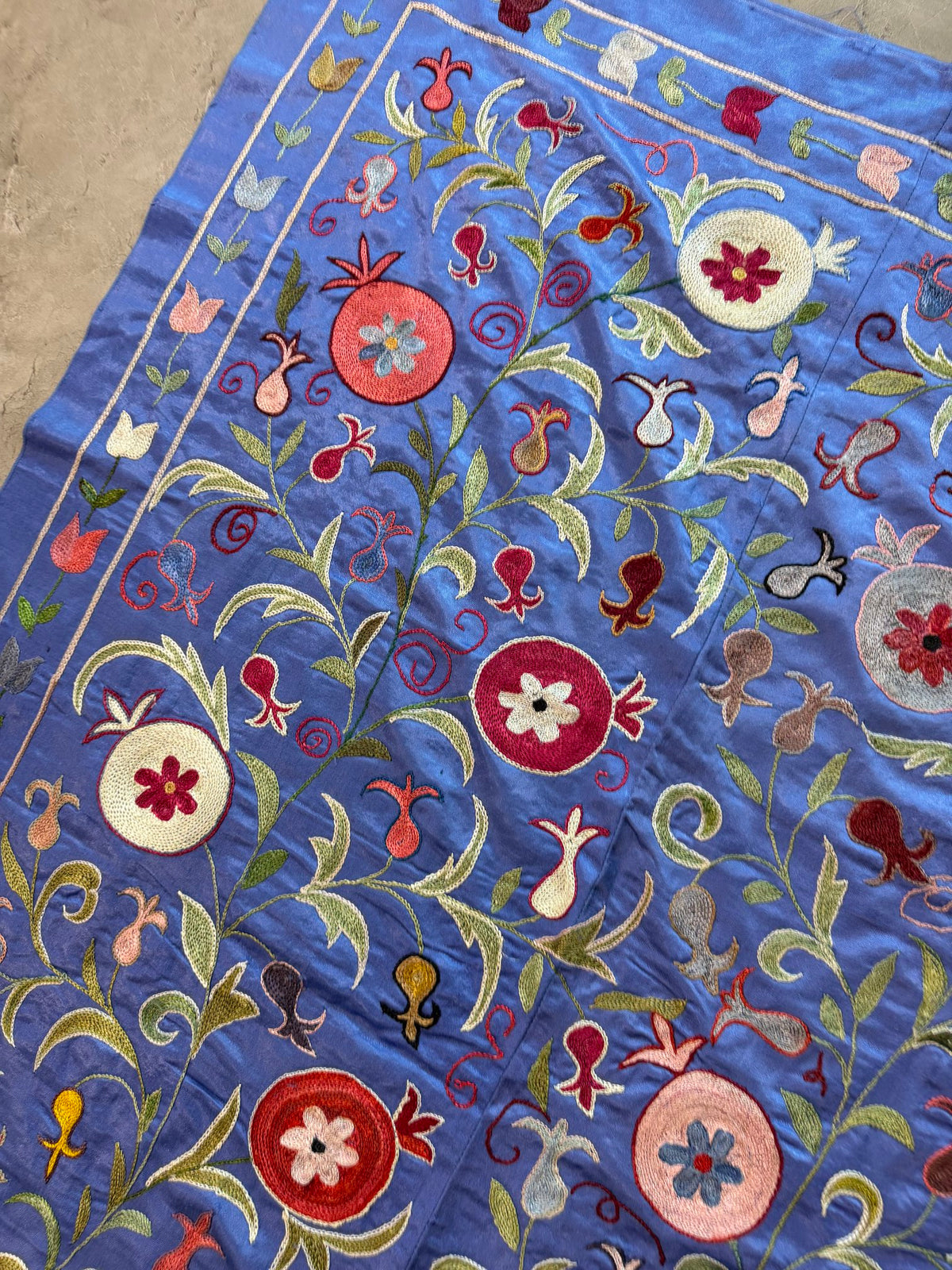 Pomegranate Motif Silk Suzani Textile Wall Art, Artisan Blue Uzbek Textile 3'4'' x 6'4'' - detail 6