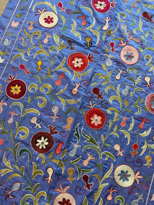 Pomegranate Motif Silk Suzani Textile Wall Art, Artisan Blue Uzbek Textile 3'4'' x 6'4'' - detail 7