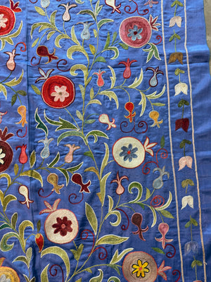 Pomegranate Motif Silk Suzani Textile Wall Art, Artisan Blue Uzbek Textile 3'4'' x 6'4'' - detail 8