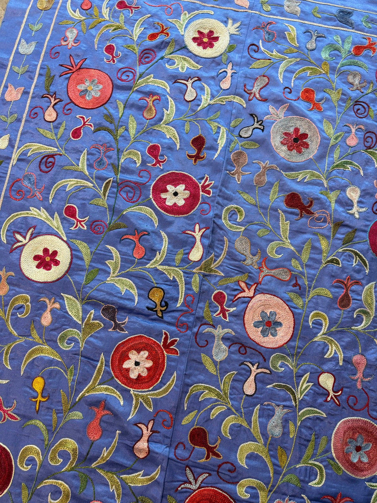 Pomegranate Motif Silk Suzani Textile Wall Art, Artisan Blue Uzbek Textile 3'4'' x 6'4'' - detail 9
