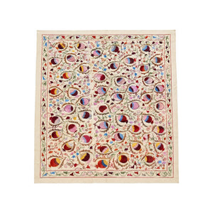 Embroidered Beige Silk Suzani Wall Tapestry - Pomegranate Embroidery, Samarkand Textile 6'4'' x 6'3'' - front view