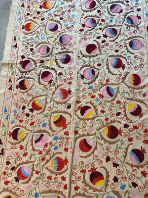 Embroidered Beige Silk Suzani Wall Tapestry - Pomegranate Embroidery, Samarkand Textile 6'4'' x 6'3'' - detail 2