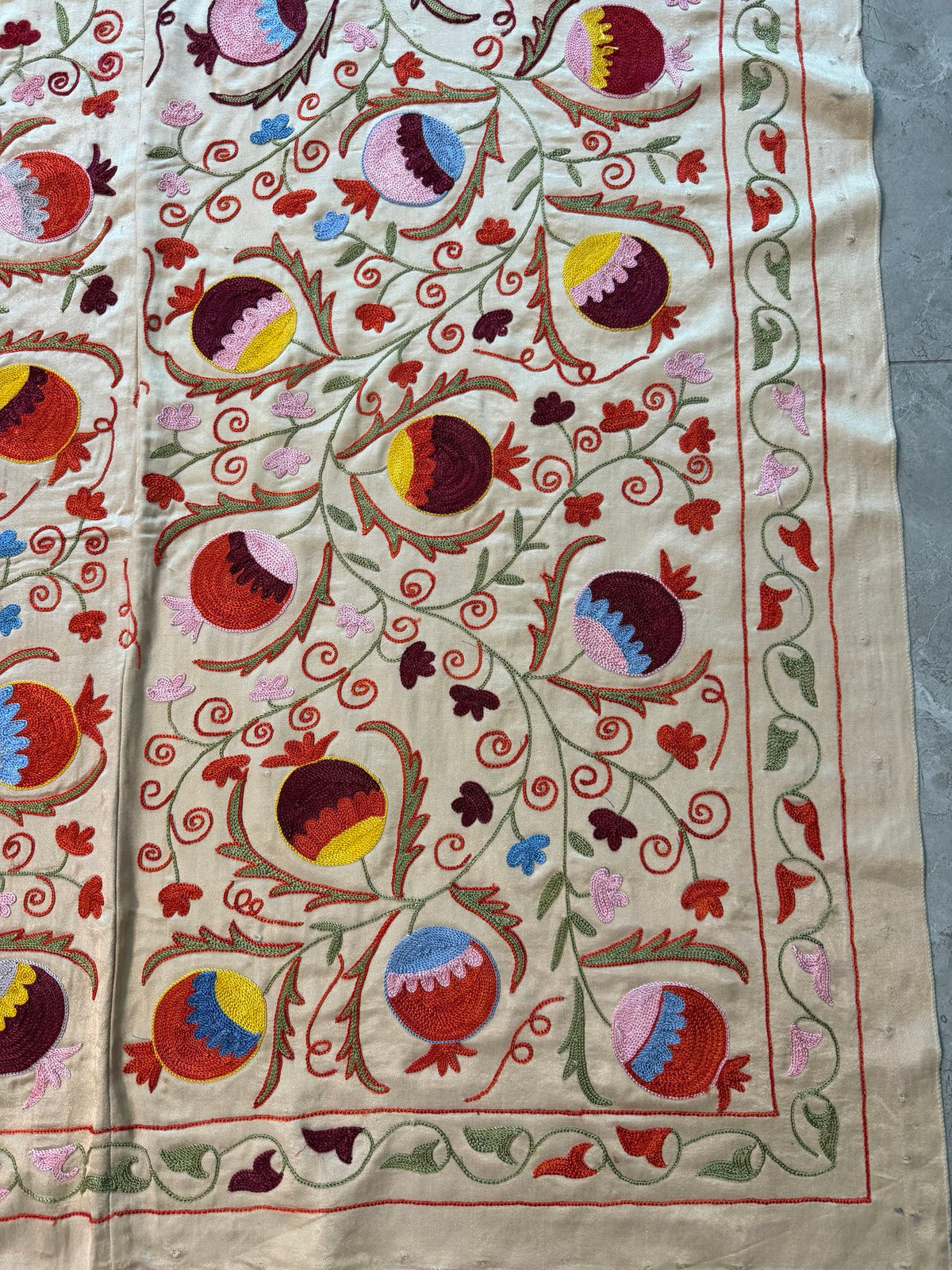 Embroidered Beige Silk Suzani Wall Tapestry - Pomegranate Embroidery, Samarkand Textile 6'4'' x 6'3'' - detail 3