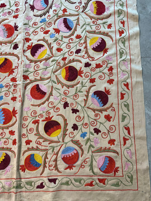 Embroidered Beige Silk Suzani Wall Tapestry - Pomegranate Embroidery, Samarkand Textile 6'4'' x 6'3'' - detail 3
