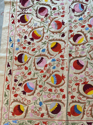 Embroidered Beige Silk Suzani Wall Tapestry - Pomegranate Embroidery, Samarkand Textile 6'4'' x 6'3'' - detail 4
