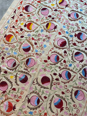 Embroidered Beige Silk Suzani Wall Tapestry - Pomegranate Embroidery, Samarkand Textile 6'4'' x 6'3'' - detail 5