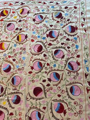 Embroidered Beige Silk Suzani Wall Tapestry - Pomegranate Embroidery, Samarkand Textile 6'4'' x 6'3'' - detail 6