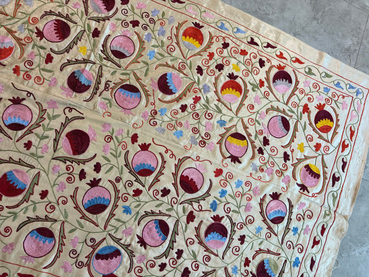 Embroidered Beige Silk Suzani Wall Tapestry - Pomegranate Embroidery, Samarkand Textile 6'4'' x 6'3'' - detail 7