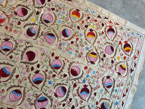 Embroidered Beige Silk Suzani Wall Tapestry - Pomegranate Embroidery, Samarkand Textile 6'4'' x 6'3'' - detail 7