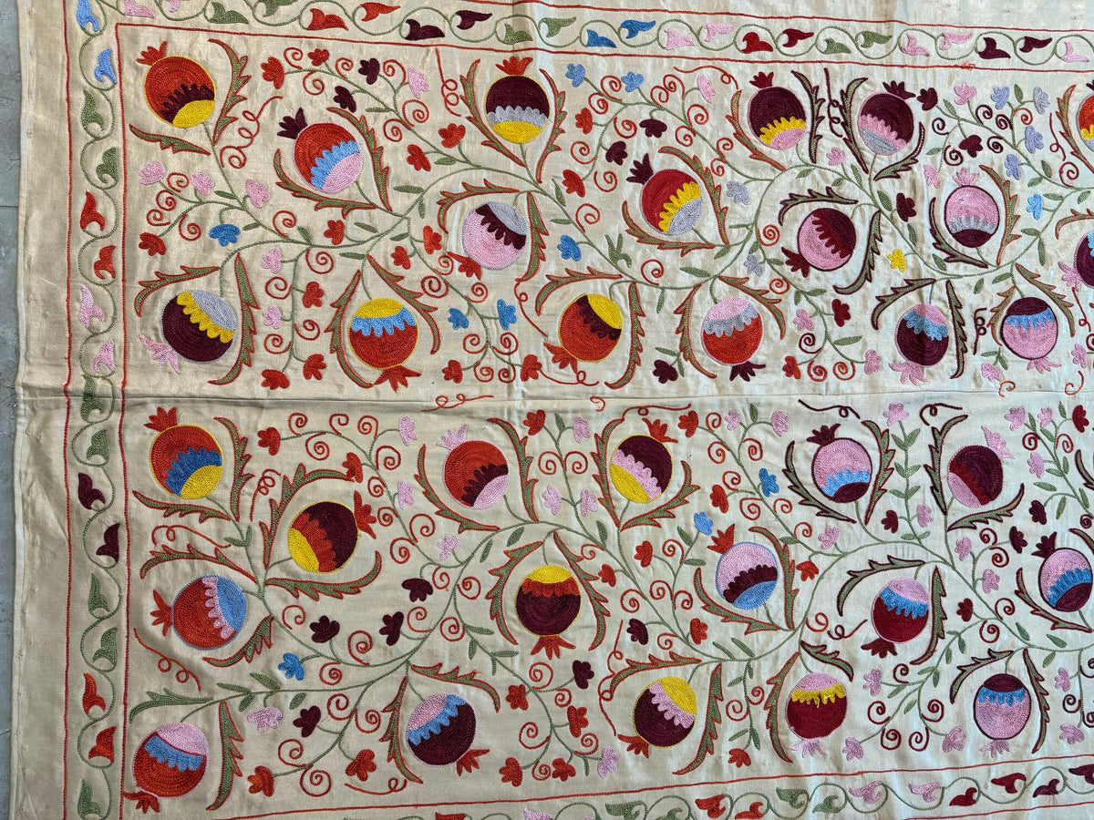 Embroidered Beige Silk Suzani Wall Tapestry - Pomegranate Embroidery, Samarkand Textile 6'4'' x 6'3'' - detail 8