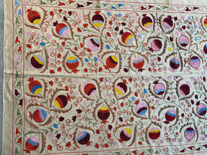 Embroidered Beige Silk Suzani Wall Tapestry - Pomegranate Embroidery, Samarkand Textile 6'4'' x 6'3'' - detail 8