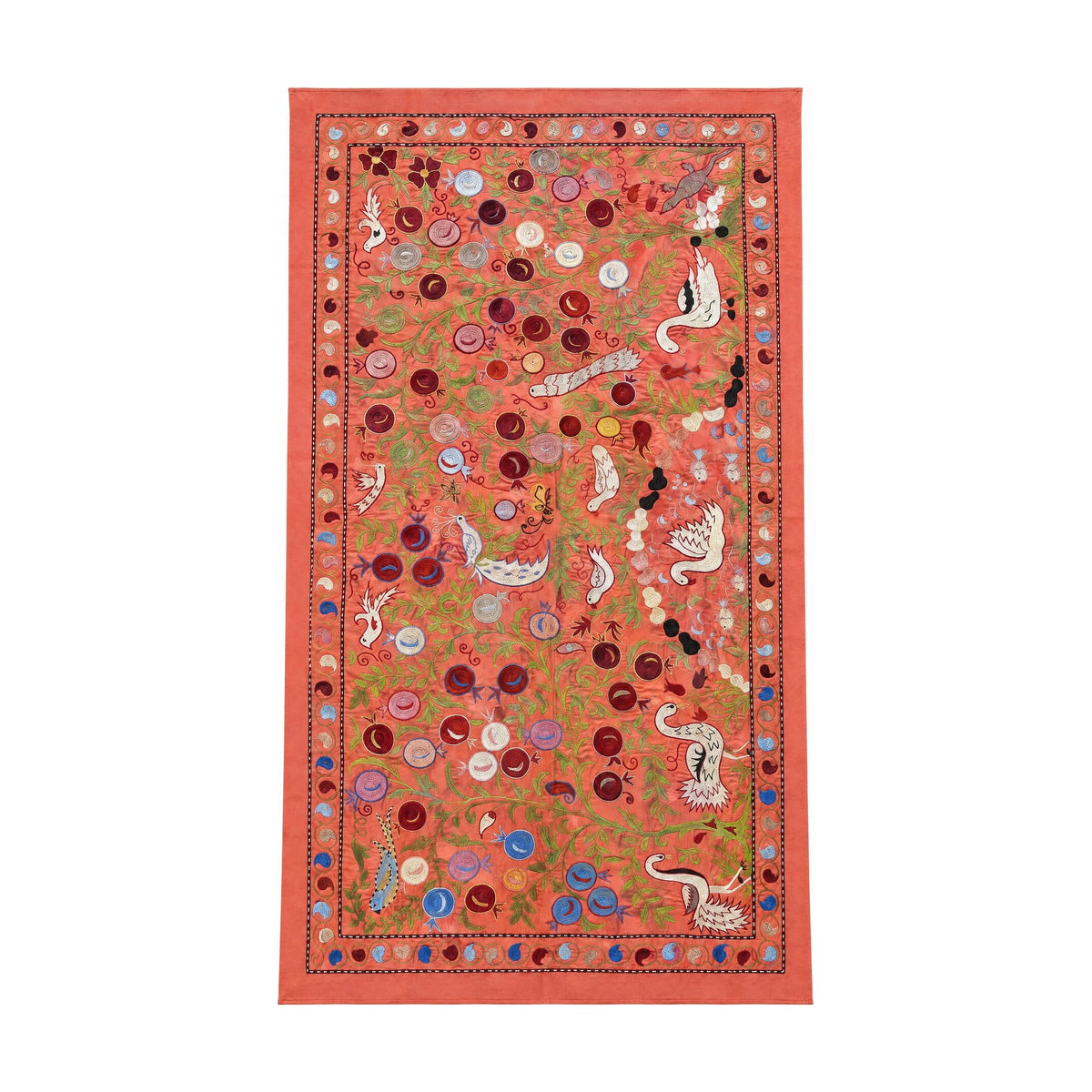 Red Silk Suzani Wall Tapestry - Artisan Bird Central Asian Textile 3'5'' x 6'3'' - front view