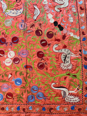 Red Silk Suzani Wall Tapestry - Artisan Bird Central Asian Textile 3'5'' x 6'3'' - detail 2