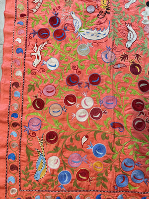 Red Silk Suzani Wall Tapestry - Artisan Bird Central Asian Textile 3'5'' x 6'3'' - detail 3