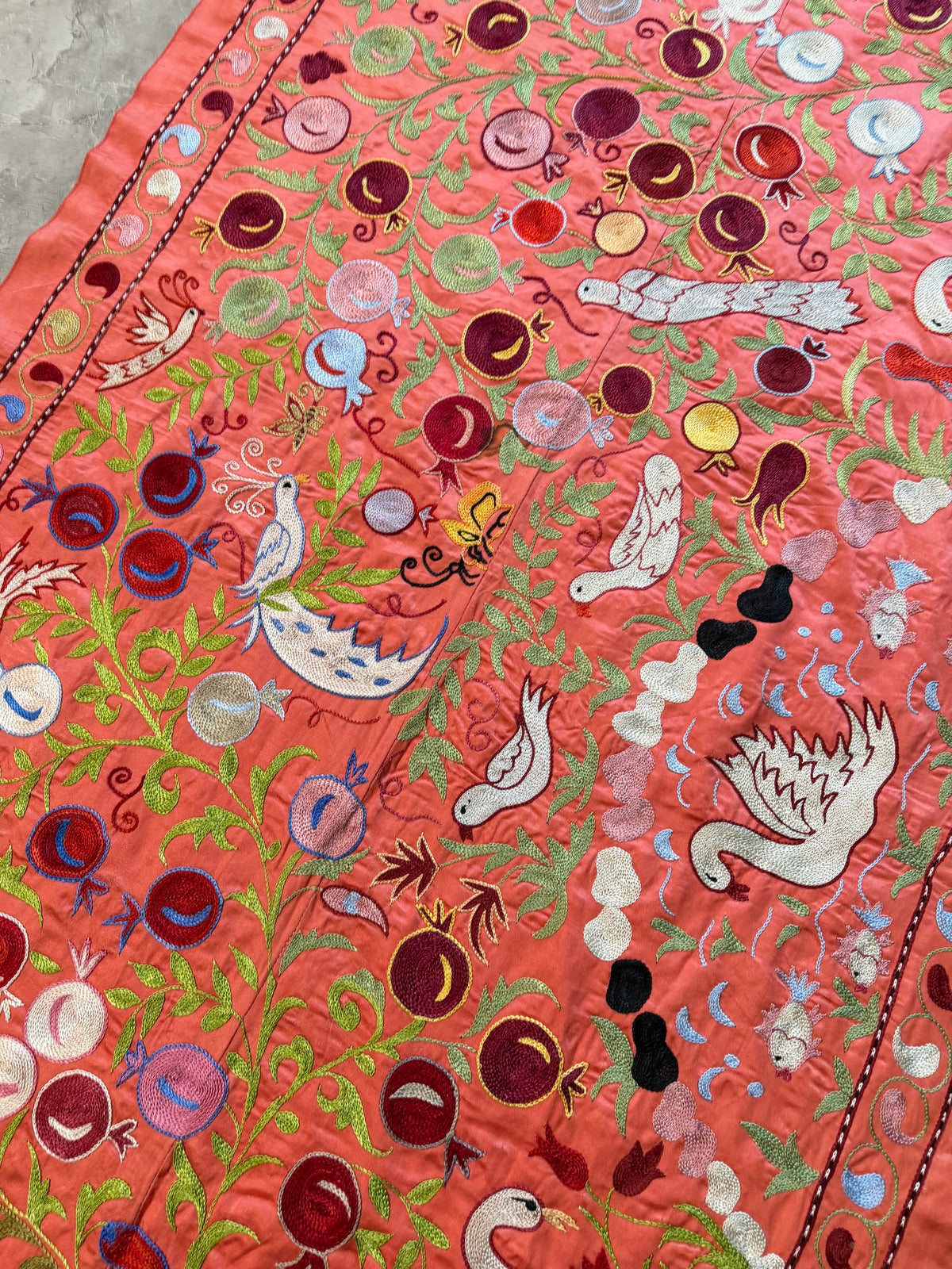 Red Silk Suzani Wall Tapestry - Artisan Bird Central Asian Textile 3'5'' x 6'3'' - detail 4