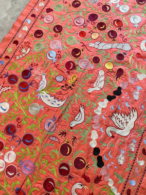 Red Silk Suzani Wall Tapestry - Artisan Bird Central Asian Textile 3'5'' x 6'3'' - detail 4