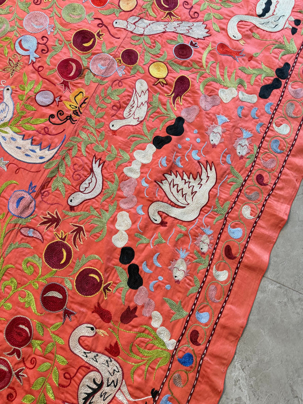 Red Silk Suzani Wall Tapestry - Artisan Bird Central Asian Textile 3'5'' x 6'3'' - detail 5