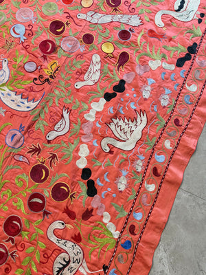 Red Silk Suzani Wall Tapestry - Artisan Bird Central Asian Textile 3'5'' x 6'3'' - detail 5