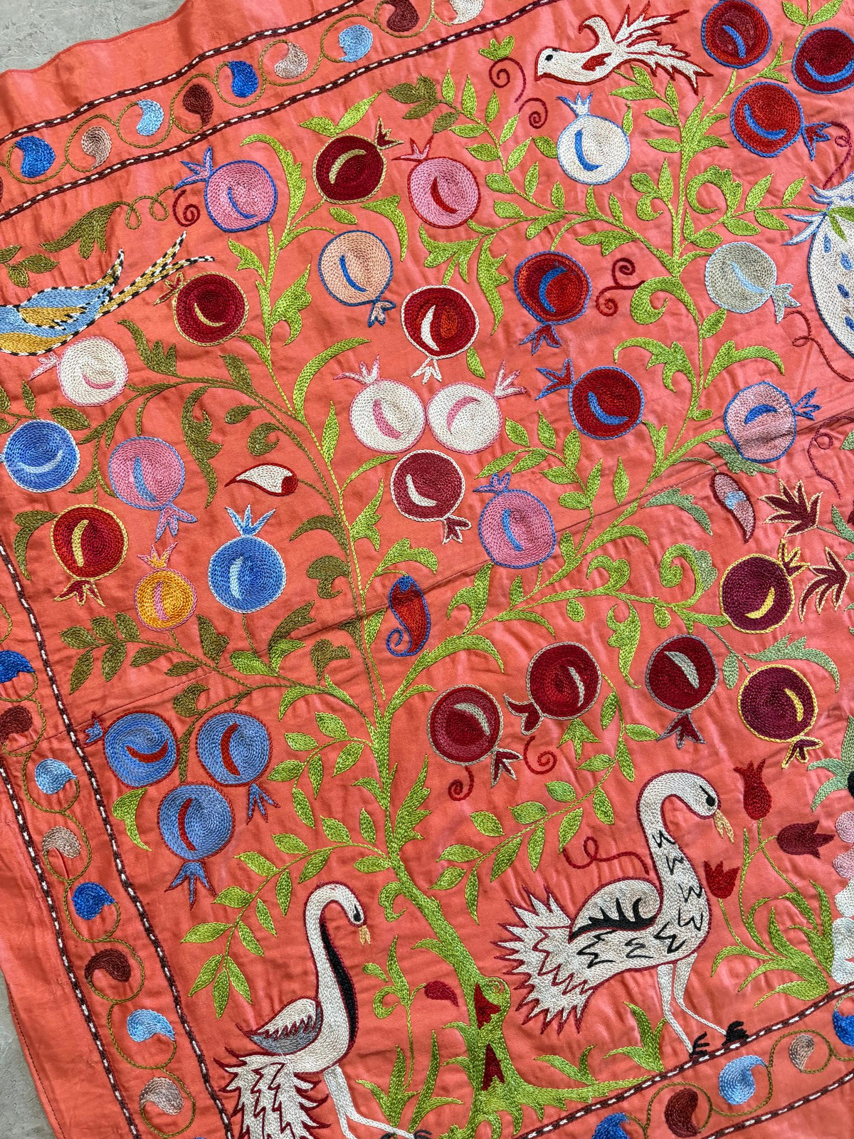 Red Silk Suzani Wall Tapestry - Artisan Bird Central Asian Textile 3'5'' x 6'3'' - detail 6