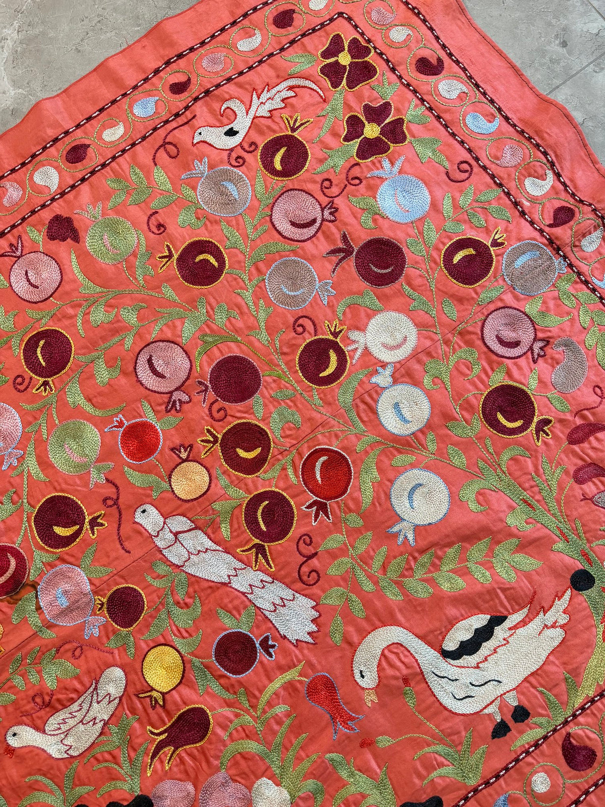 Red Silk Suzani Wall Tapestry - Artisan Bird Central Asian Textile 3'5'' x 6'3'' - detail 7