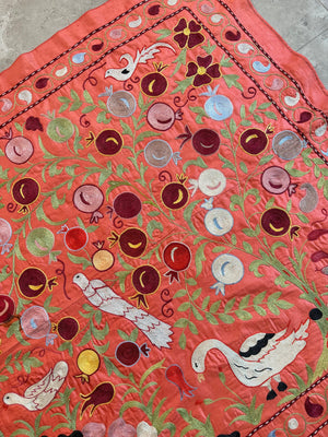 Red Silk Suzani Wall Tapestry - Artisan Bird Central Asian Textile 3'5'' x 6'3'' - detail 7