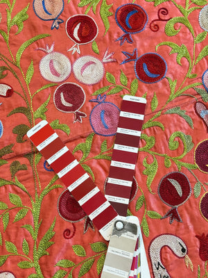 Red Silk Suzani Wall Tapestry - Artisan Bird Central Asian Textile 3'5'' x 6'3'' - detail 9